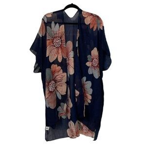 Jessica McClintock Navy Blue Floral Kimono Wrap Womens One Size Lightweight
